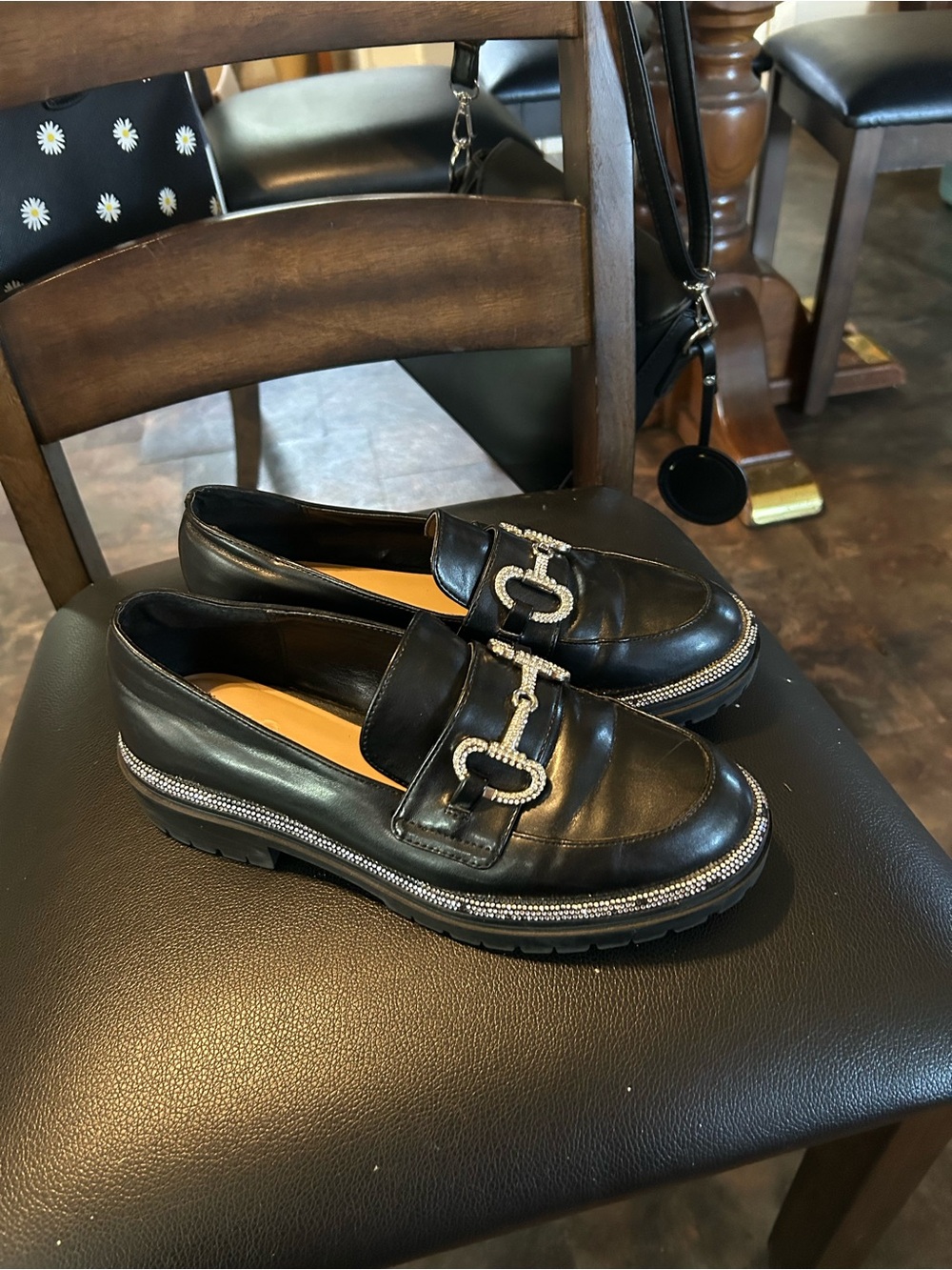 INC International Concepts Black Leather Loafers with Silver Rhinestone Trim (8)